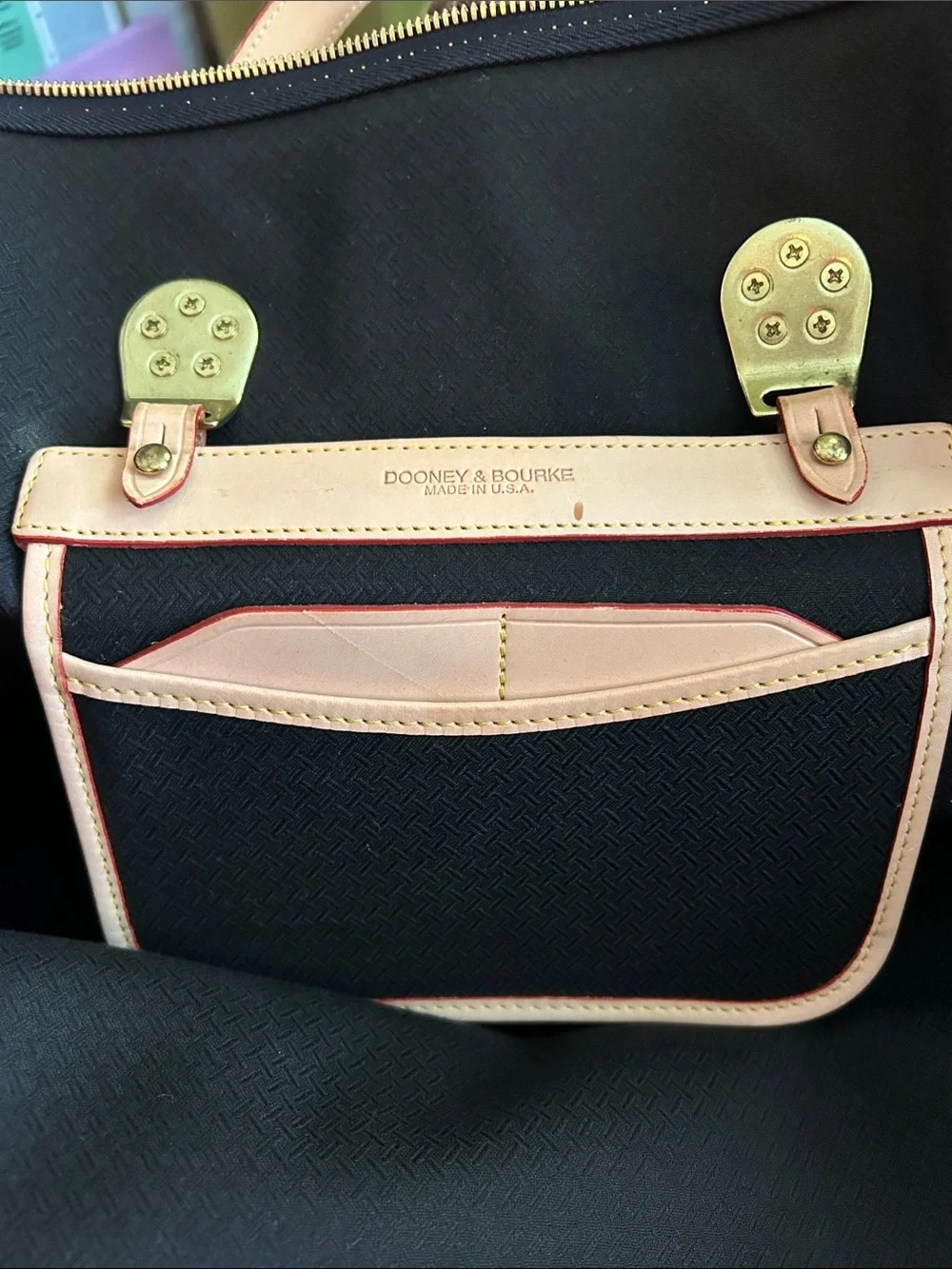 Dooney and Bourke Black and Tan Travel Tote Bag - Leather Trim